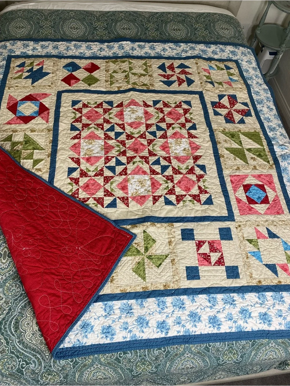 Handmade Patchwork Quilt Bedspread in Cream, Red, Blue & Green by